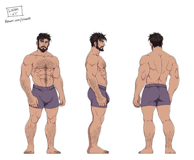 the illustration is a character design of a muscular man with short brown hair and a beard. he is standing in three different poses: front, side, and back. the man has a muscular build, with a toned chest, abs, and arms.  he is wearing a pair of purple shorts that show off his toned legs.  the man is drawn in a cartoon style and appears to be a character from a video game or comic book.