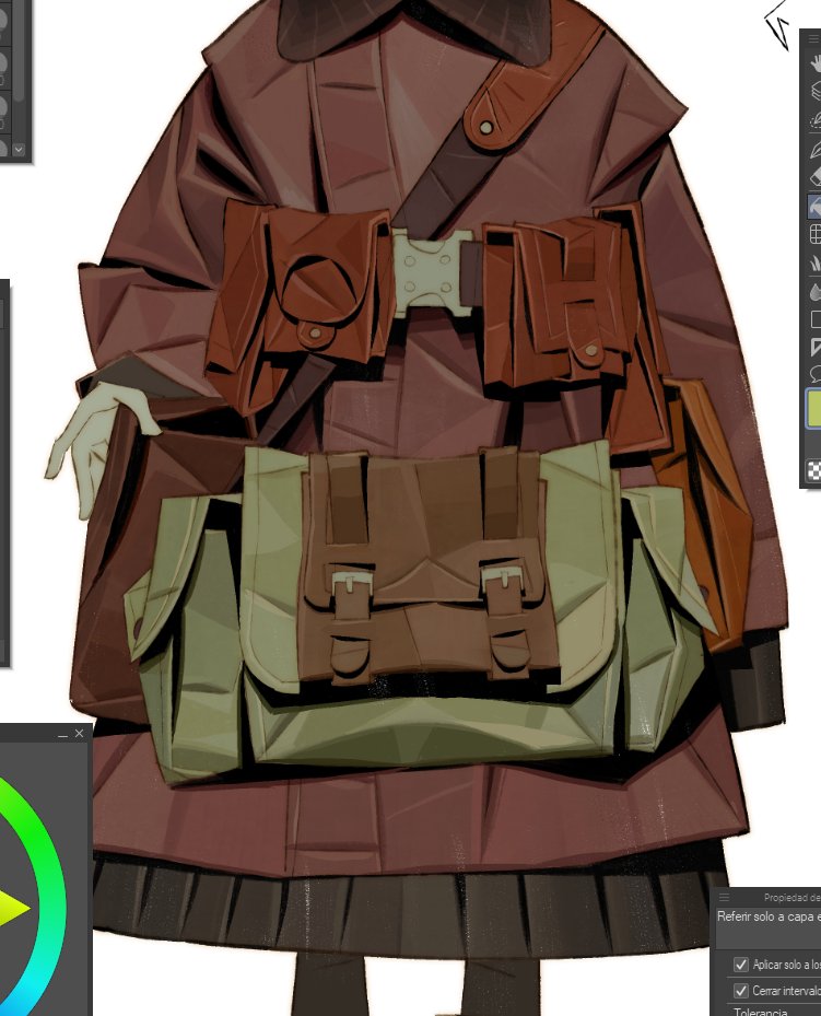 closeup view of a digital painting or illustration showing a stylized female character. the character is wearing a long brown coat with various bags and pouches attached.  the style is lowpoly or polygonbased, giving the image a slightly faceted appearance. the artwork showcases detailed textures and design elements on the clothing, including buckles, straps, and various pockets.  the image appears to be a work in progress, possibly from a digital painting program, as indicated by the visible ui elements in the corner.  the color palette is muted, with browns and greens dominating.