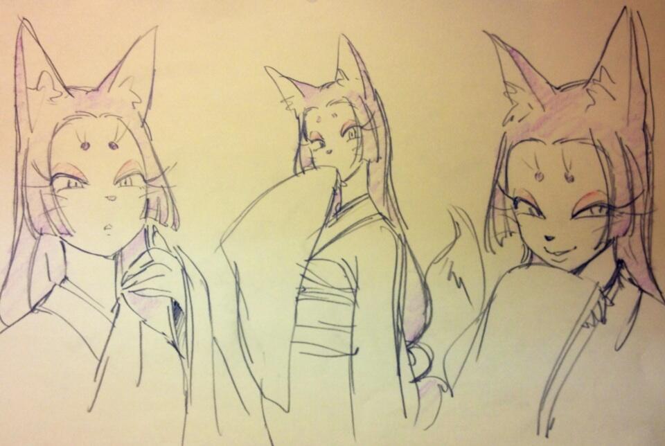the image shows three sketches of a female kitsune, a fox spirit from japanese folklore, with long, flowing hair and fox ears. she is depicted in a traditional japanese garment and has a mischievous and alluring expression. the use of soft lines and shading creates a sense of movement and ethereal beauty.