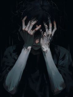 a grayscale illustration of a young man with dark hair covering his face with his hands.  he's wearing a dark shirt and is surrounded by shadows.  the low key lighting adds to the sense of darkness and despair.