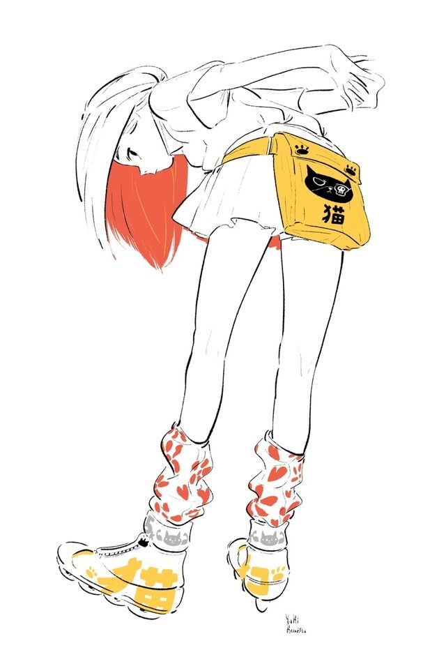 an illustration of a young woman with red hair, wearing yellow socks, and roller skates. she has a yellow bag with a cat and japanese writing on it. the woman is drawn in a cartoon style, with black outlines and white background.