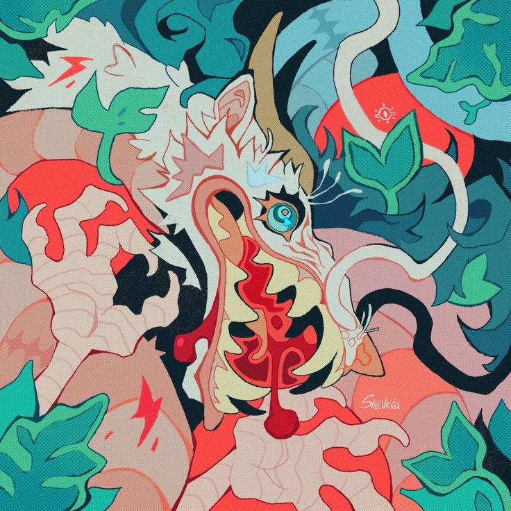 the image is a vibrant and stylized digital illustration of a monstrous creature, possibly a hybrid of a dragon and wolf.  the creature is depicted in a closeup view, its mouth agape revealing sharp teeth and a bloody interior. its skin is primarily pale with patches of red and orange, suggesting injury or a grotesque aesthetic.  the creature's claws are extended in what appears to be a menacing pose. it's surrounded by lush, abstract floral patterns in shades of teal and green, which appear both as a background and as if growing from the creature itself. the overall style is surreal and blends organic shapes with sharp lines, creating a visually striking and somewhat unsettling piece. the color palette is predominantly warm, with contrasting cool tones in the background foliage, enhancing the dramatic effect. the artist's signature is subtly visible in the bottom right corner.