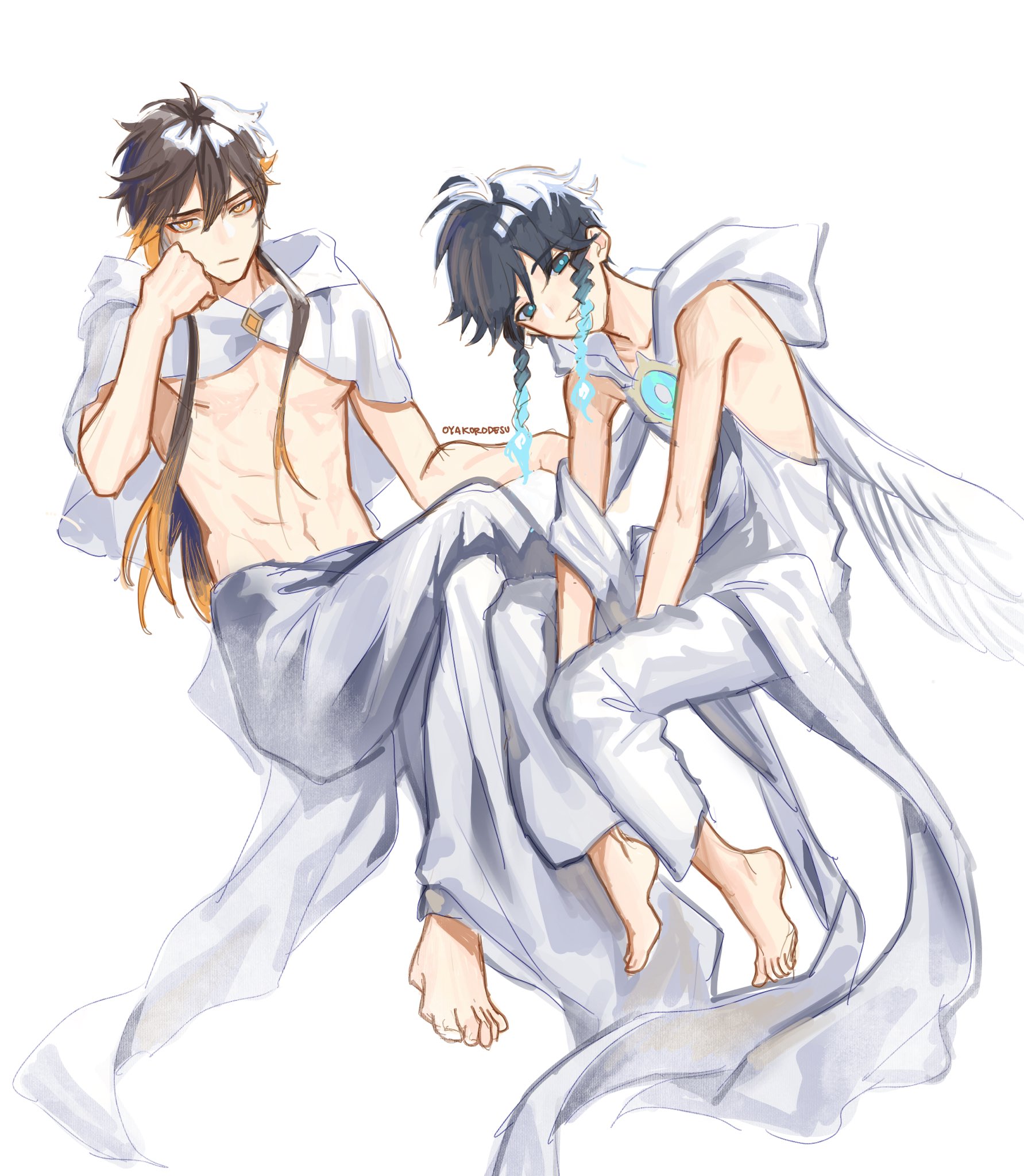 the image depicts two anime characters, one with black hair and the other with blue hair. the character with black hair is wearing a white outfit and has his arm around the character with blue hair, who is wearing a white dress with wings. both characters are floating in the air surrounded by clouds, with the character with blue hair looking to the side, while the character with black hair looks at the viewer. the image is a colorful digital art illustration.
