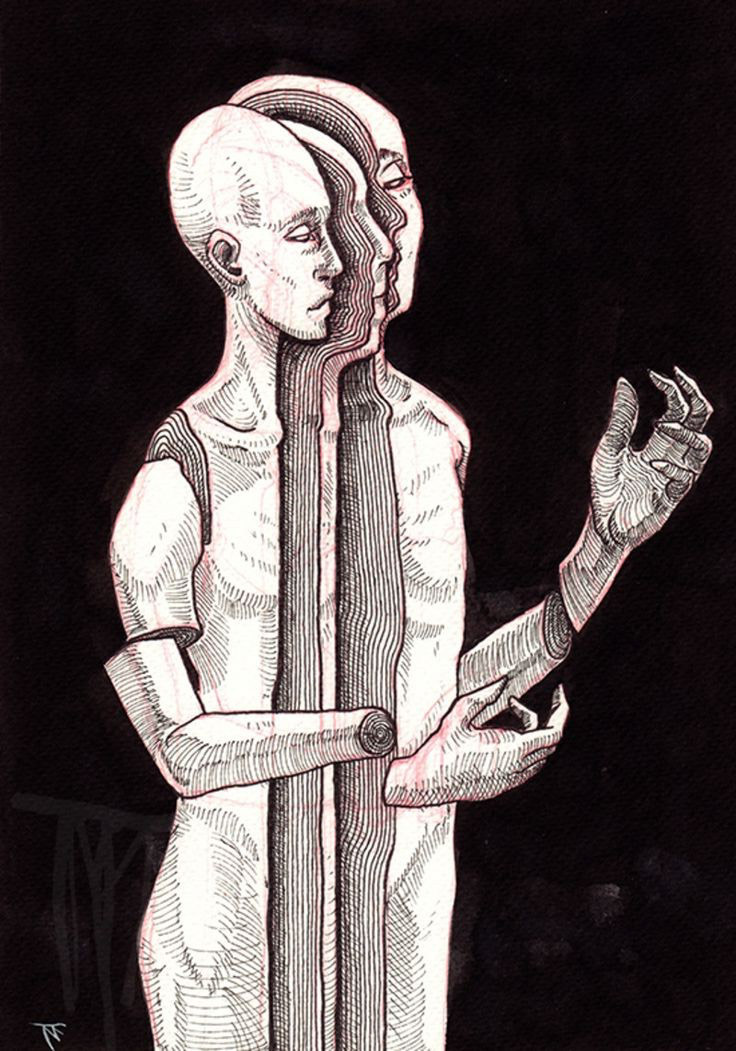 this image is a surreal, black and white line drawing of a human figure. the figure is drawn in a style reminiscent of art deco, with its geometric lines and exaggerated features. the figure's body seems to be composed of multiple layers, each one slightly different from the last, which creates a sense of depth and distortion. the figure's face is also obscured, which adds to the image's overall feeling of mystery and intrigue. the image is likely an exploration of the human condition, or perhaps a commentary on the nature of reality.