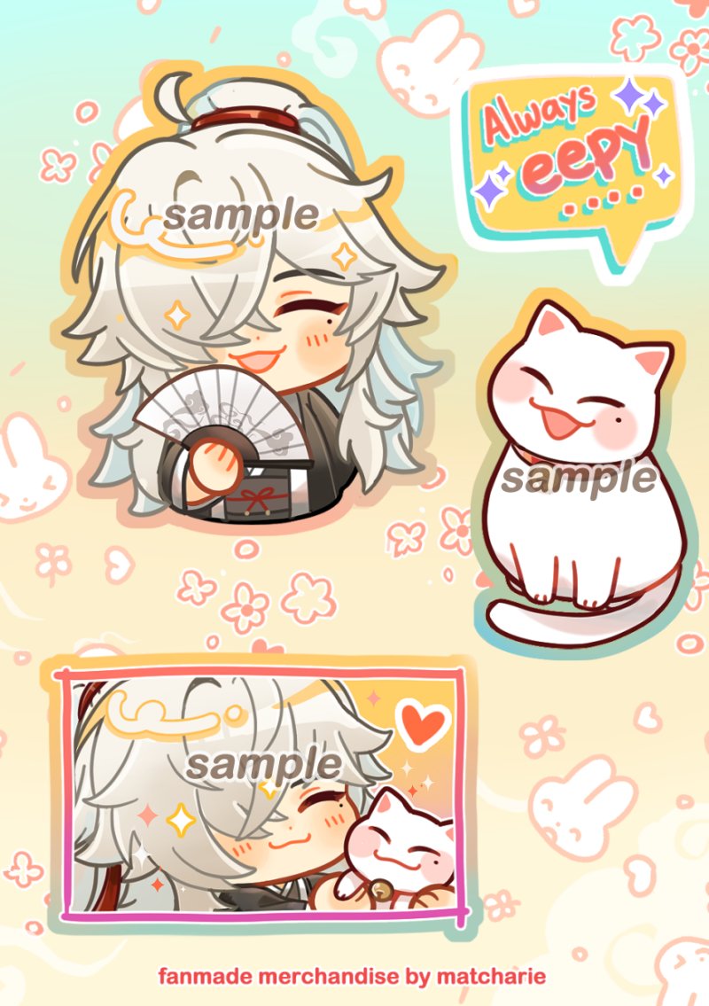 this image showcases a collection of adorable animestyle stickers featuring a variety of cute characters. the stickers are designed in a colorful and whimsical style, with each featuring a different character or theme. the image is set against a light yellow background with flowers scattered around the stickers. the stickers feature two anime characters with white hair and a white cat. the two characters are also paired together in a separate sticker. there is another sticker with a phrase: "always eeepy" set in yellow and green.