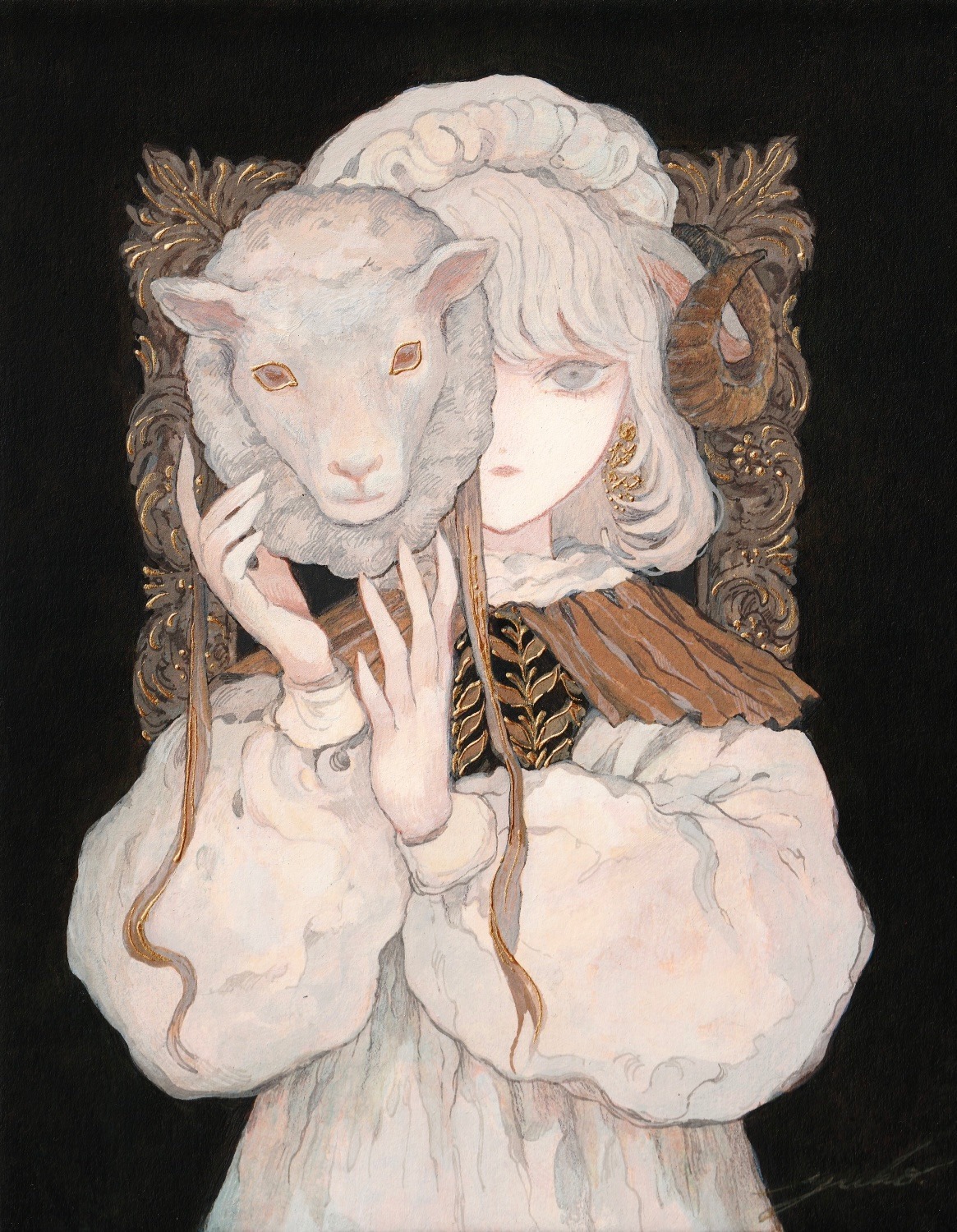 he artwork is a digital painting or illustration depicting a young woman with long, pale blonde hair partially obscuring her face. she is holding a mask of a sheep in front of her face, only her eyes and part of her forehead visible. the woman's clothing is in soft, pale colors with a brown and gold ornate collar, and she appears to be sitting or standing in a gilded frame.  the overall style is dreamy and suggestive of fantasy or gothic lolita elements. the colors are mostly muted pastels, contrasting with the darker background and the golden details. the piece evokes a sense of mystery and possibly a dual nature.