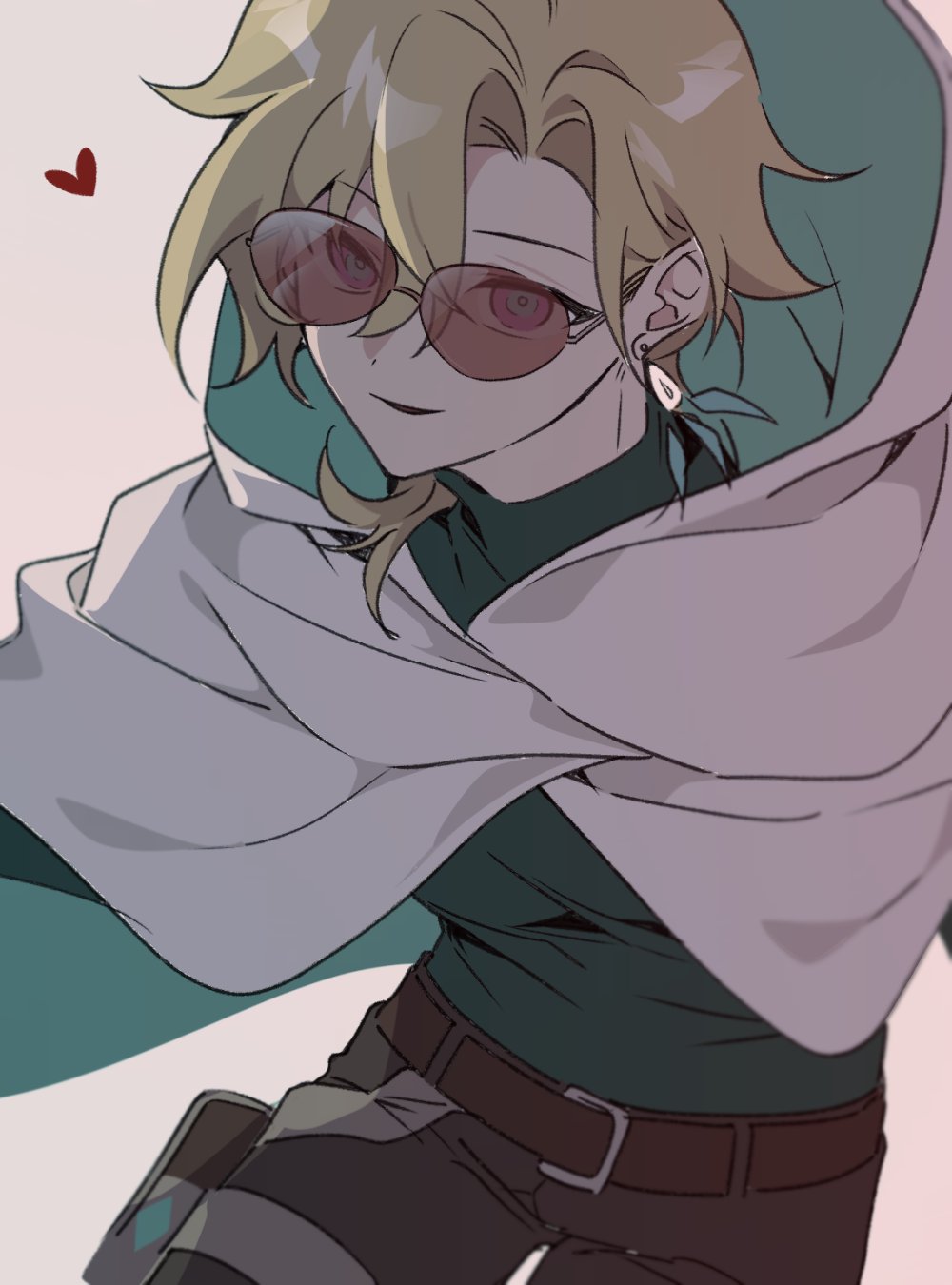 he image is a digital drawing of an animestyle boy. he has blond hair, is wearing sunglasses, a teal hooded cloak, and a brown belt. his expression is a smirk, and there's a small heart next to him indicating affection. the art style is soft and somewhat muted in color tones.