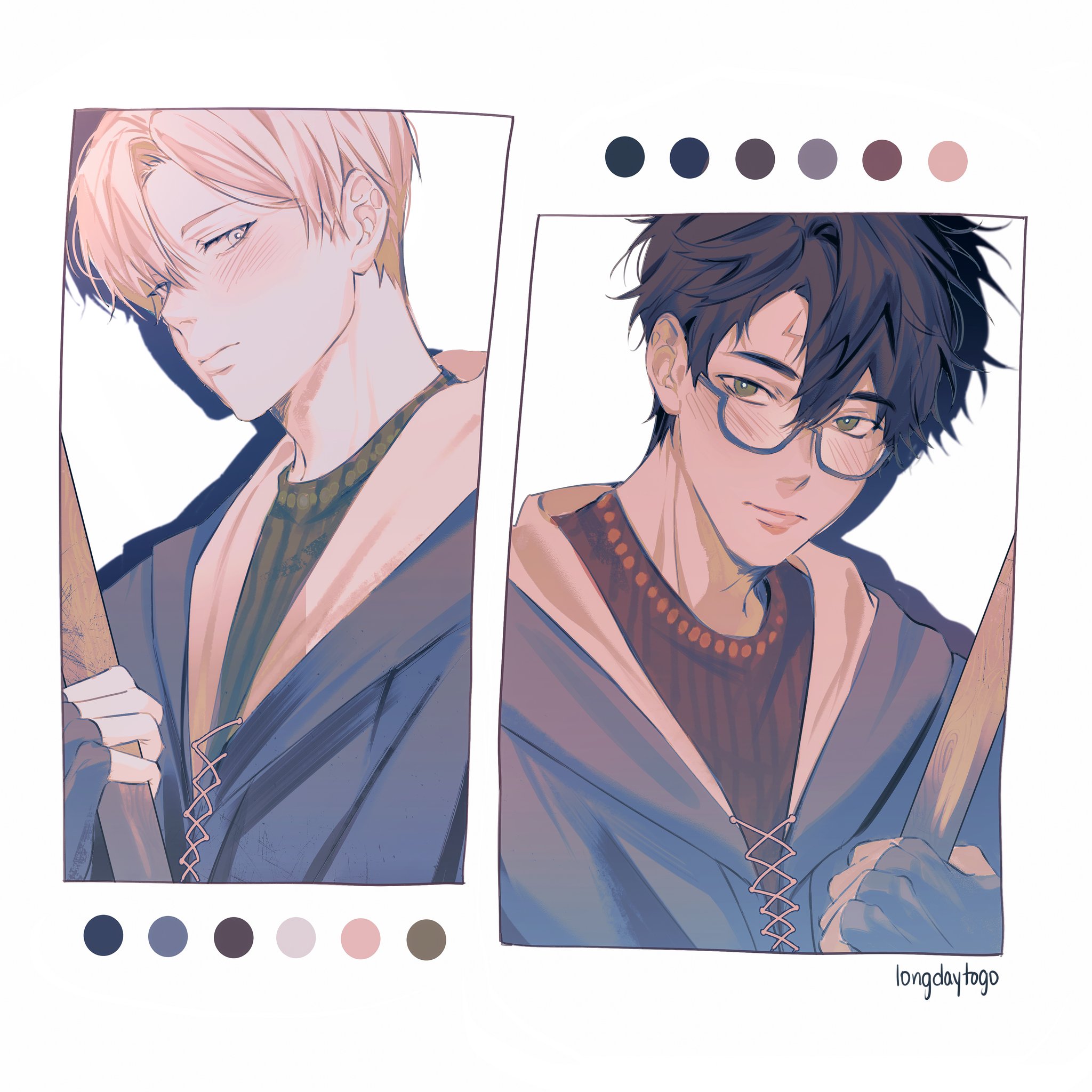 the image is a digital fanart depicting two animestyle male characters, possibly inspired by harry potter.  they are portrayed from the chest up, each in their own polaroidstyle frame.  the character on the left has blond hair and is holding what looks like a broomstick. the character on the right has dark hair, glasses, and is also holding something resembling a broom. both are wearing what appears to be hogwartsstyle robes over sweaters.  a color palette is shown below each character's portrait, indicating the colors used in the illustration. the artist's signature, "longdaytogo," is visible in the bottom right corner. the overall style is soft and pastel, with a slightly melancholic tone.