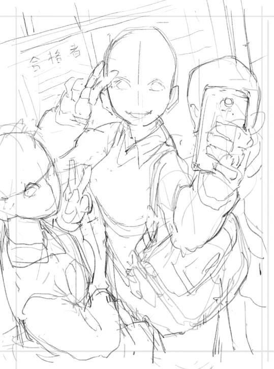 this is a sketch of two young female anime characters. they are taking a selfie, holding their phones out, and smiling at the camera.  they are in their school uniforms.