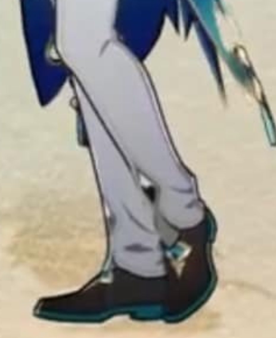 this is an anime style drawing of a man in a blue and white shirt and pants. he is standing on a sandy beach with the sun shining in the background. he appears to be staring off into the distance.  he is wearing a pair of black boots with teal accents.