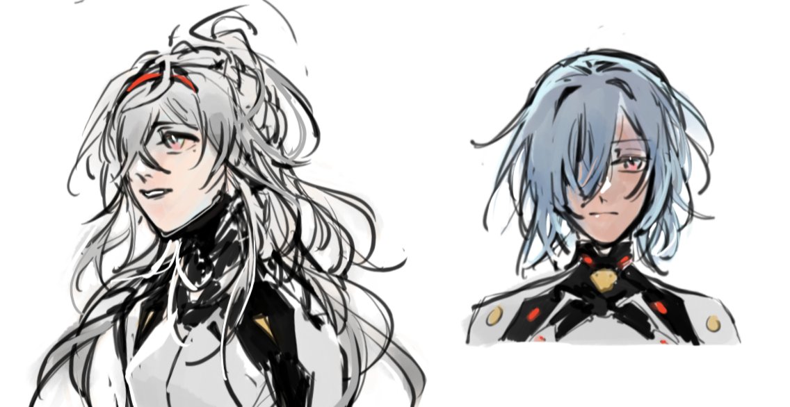 two anime characters in black and white sketch style. the one on the left is a girl with white hair and red eyes, she is smiling gently and wearing a black and white outfit with red ribbons on her hair. the one on the right is a girl with blue hair and red eyes, she looks sad with eyes closed and is wearing a black and white outfit with red and gold accents.