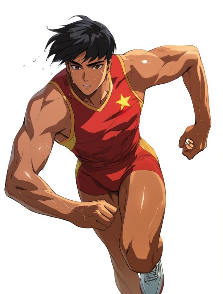 the illustration showcases a muscular male athlete in midrun. he wears a red and yellow tank top and shorts, reminiscent of a sports uniform.  his determined expression and the dynamic pose, with sweat flying off his body, capture the intensity of his effort. the white background further emphasizes the athlete and his movement.