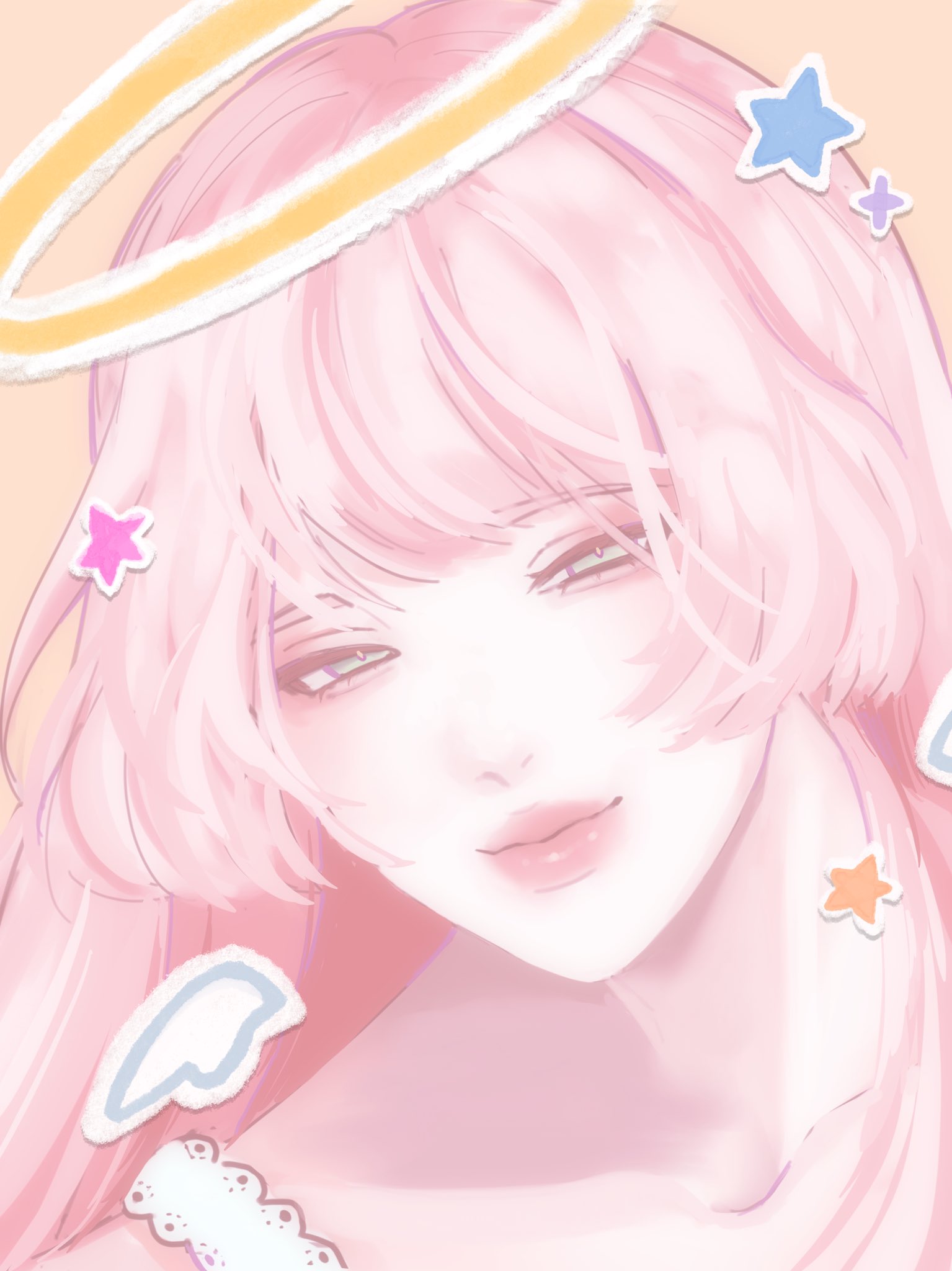 a closeup illustration of a pinkhaired anime girl with an angelic halo. she has a gentle smile on her face, her eyes are closed, and she is wearing a white dress with delicate lace detail. the art style is soft and pastel, giving the image a dreamy and innocent feel.