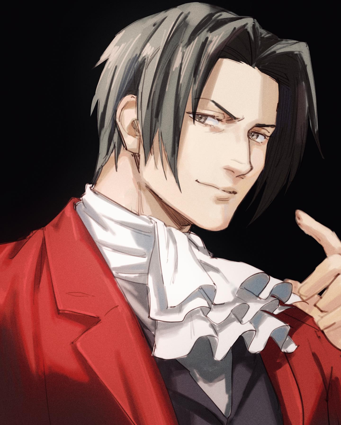 a man with black hair in a red suit and a white ruffle collar, smirking and looking at the viewer. the art style is anime/manga, and the man looks confident and charming.