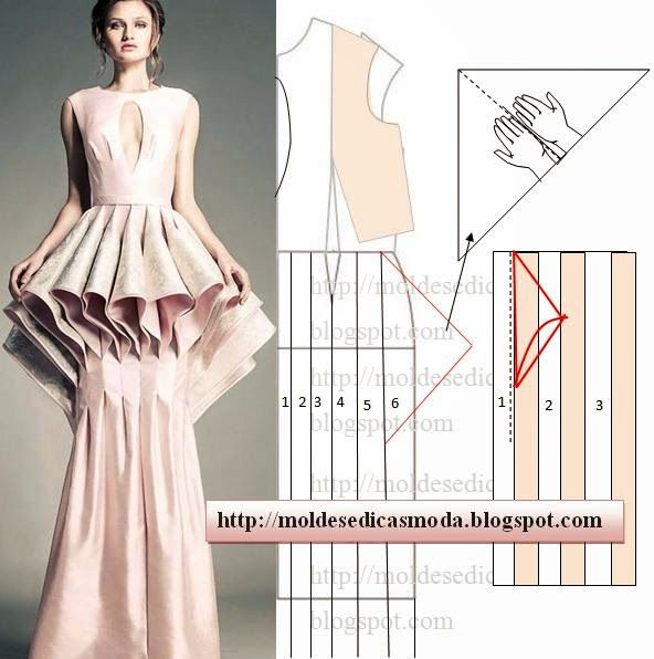 the image shows a formal gown with a complex draped skirt, alongside diagrams suggesting a sewing pattern or design instructions for its creation. the dress has a fitted bodice with a central cutout detail at the neckline, a cinched waist, and a skirt constructed from multiple layers of fabric, folded and draped to create a voluminous, architectural effect. on the right, there are several diagrams that appear to be part of a patternmaking process, including a schematic of the bodice, an illustration of hands manipulating fabric, and a sectioned grid with red lines indicating cuts or folds for fabric manipulation. the image also contains a url suggesting the source of the pattern or design.