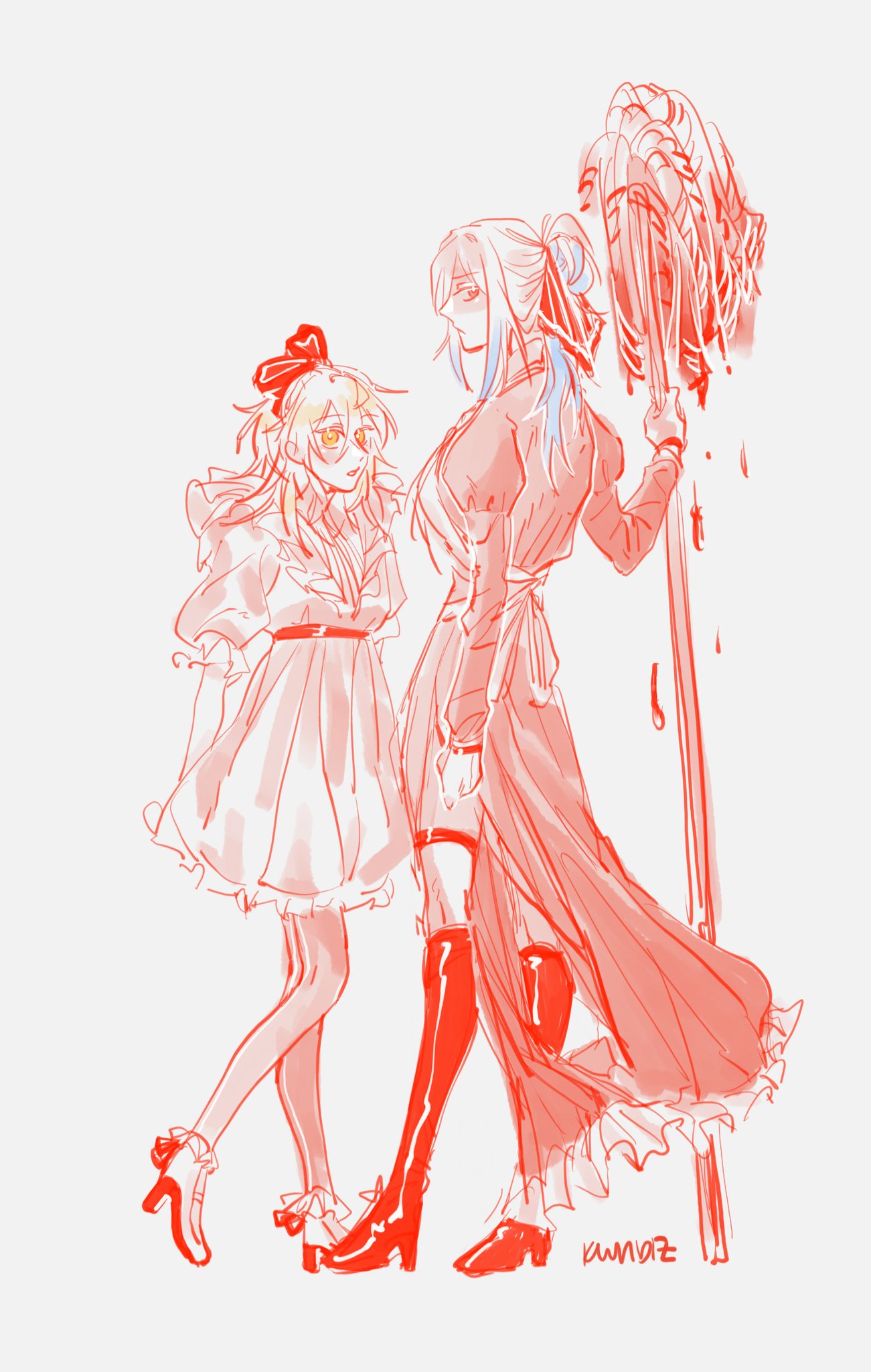 this is a drawing of two anime girls. the girl on the left is wearing a white dress with a red bow. the girl on the right is wearing a red dress with black boots. they are both standing with their arms at their sides and they are looking off to the side. the background is white.