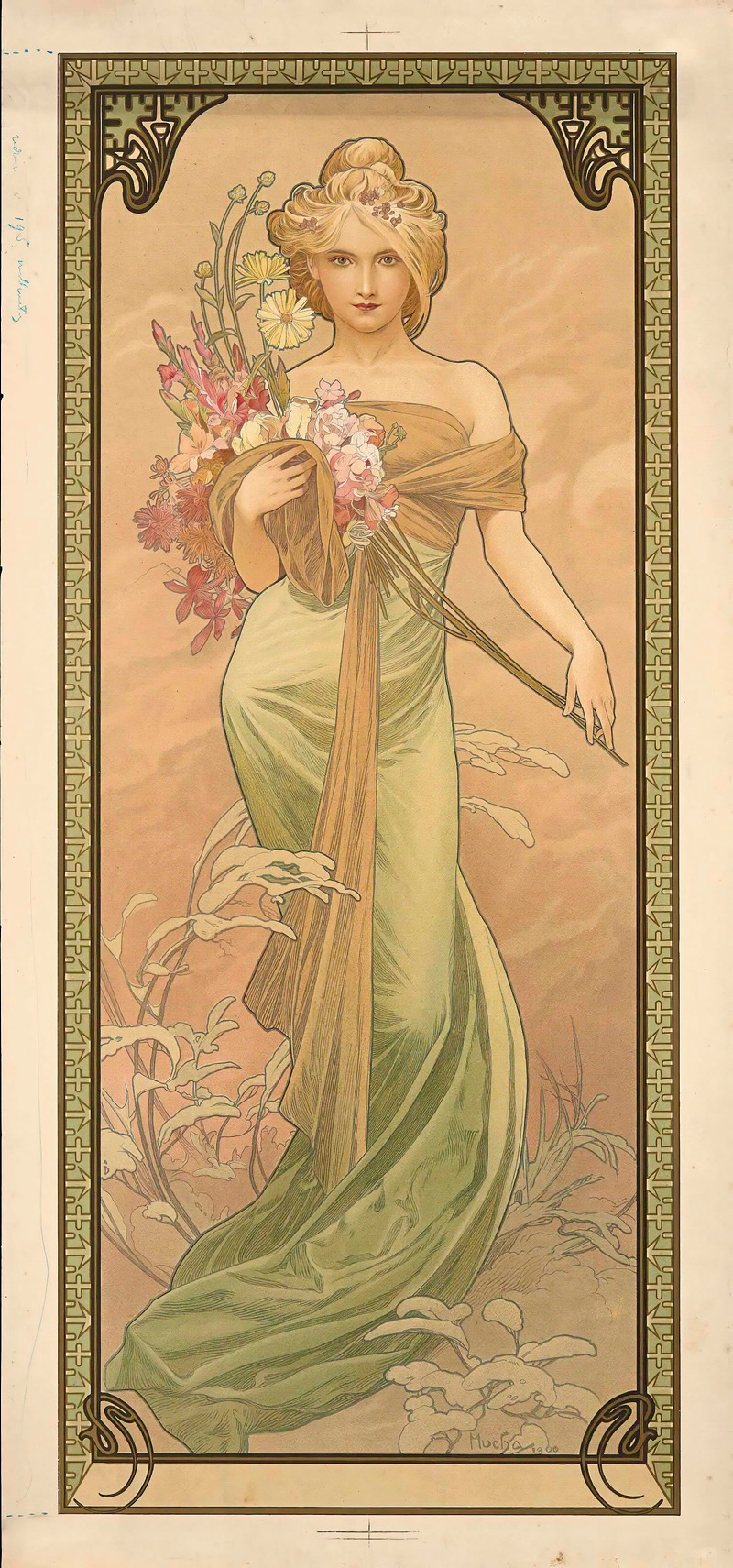the image is a vertical art nouveau painting by alphonse mucha, featuring a fairskinned woman with blonde hair. she is holding a bouquet of colorful flowers, and her green dress has a goldcolored draped sash. the background is a soft, muted peach tone with the hint of clouds, and there are some botanical illustrations surrounding her. the painting is framed by an intricate decorative border.
