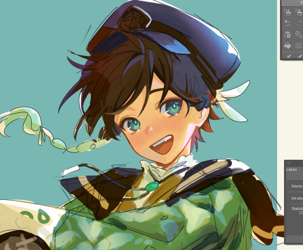 a drawing of a boy with bright green eyes and short brown hair wearing a blue and white cap and a green and white outfit with white trim. he is smiling and looking to the right. the image is drawn in a cartoon style.