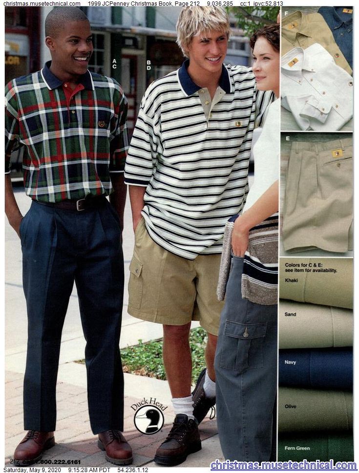 this image is a scan from the 1999 jcpenney christmas catalog, showcasing boys' clothing.  the main focus is on three young men modeling different outfits: one in a plaid polo shirt and dark pants (a), another in a striped polo shirt and khaki cargo shorts (b), and a third in a dark cargo pants (e).  additional images show the pants and shirts in various colors (khaki, sand, navy, olive, fern green) available for purchase. the "duck head" logo is visible. the page number and other catalog details are also present.