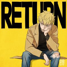 a boredlooking young man with blond hair and wearing a brown jacket, black shirt, and ripped jeans sits on a surface with his left elbow resting on his knee and his face in his hand. he is positioned slightly to the right and against a vibrant yellow background with the word "return" in large black block letters above him.