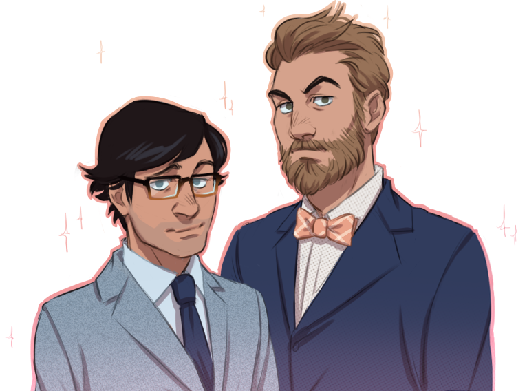 the image shows a drawing of two men dressed in suits. they appear to be grooms at a wedding. the man on the left is wearing glasses, a gray suit, and a blue tie. the man on the right has a beard and is wearing a navy blue suit with a salmon bow tie. the background is white with sparkles.