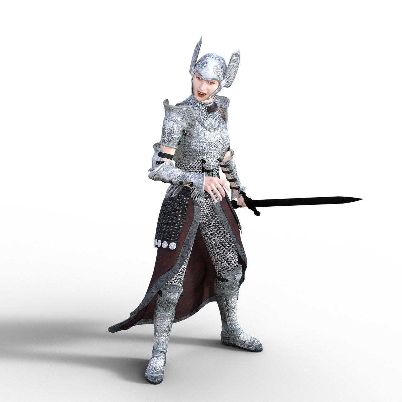 a full shot of a woman in full armor with a sword standing against a black background. she is wearing a silver helmet with winglike features, ornate silver armor over chainmail, and a tunic with a red lining. she is holding a black sword in her right hand.
