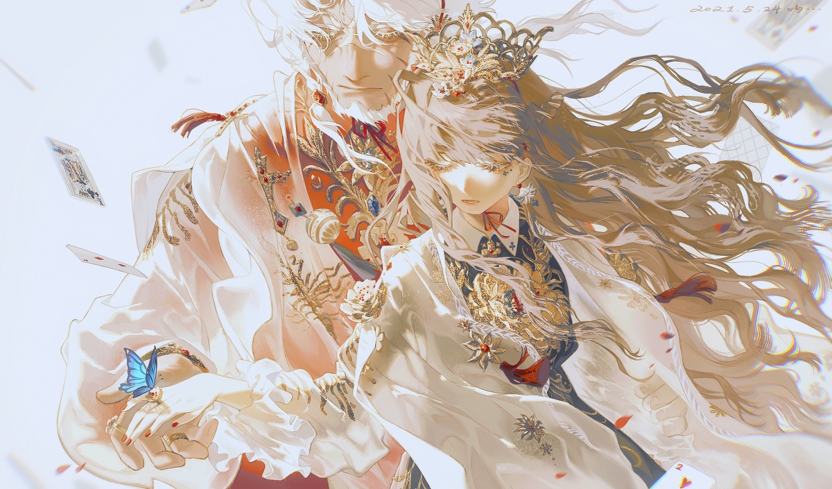 this is a digital art illustration featuring an anime couple, likely a king and queen based on their attire. the male character, in a white and gold robe with intricate details, holds a butterfly and gazes at the female character. she is adorned in a flowing, white dress with gold accents and a crown, her long flowing hair cascading down her back. they are surrounded by floating playing cards, adding to the magical and whimsical feel of the artwork. the overall tone is romantic and elegant, with a fairytalelike ambiance. the illustration highlights the beauty of the couple and their love story, set against a backdrop of wonder and magic.