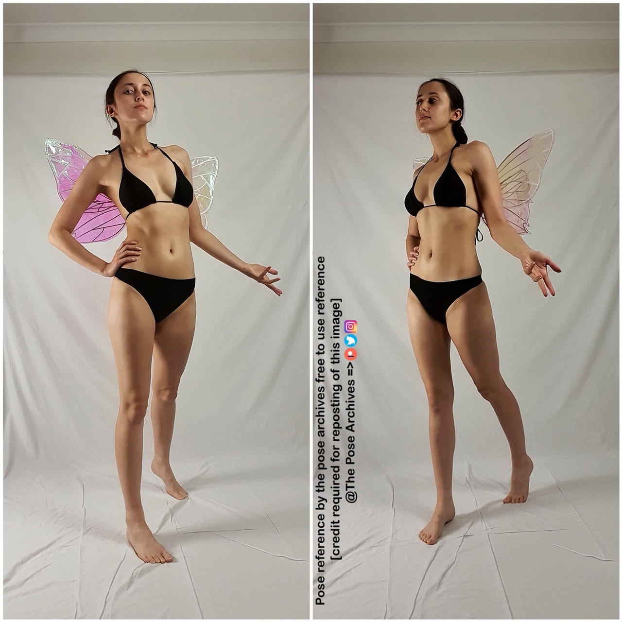 a woman is posing in a white room. she is wearing a black bikini and has fairy wings on her back. she is standing with her right leg slightly bent and her left arm outstretched. her hair is pulled back in a ponytail. the image is a reference photo for artists.