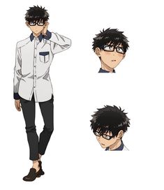 this is an animestyle illustration of a male character with black hair and glasses. he is wearing a white buttondown shirt, black pants, and black shoes. he is shown in three different poses: a fullbody shot, a headshot, and a closeup of his face. the background is white.
