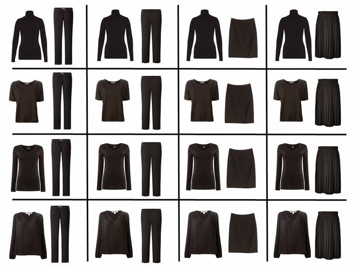 the image shows an assortment of black clothing items arranged in a grid. there are four different types of tops: a turtleneck, a tshirt, a longsleeve shirt, and a vneck shirt. these are paired with two types of bottoms: trousers, a wrap skirt and a pleated skirt.