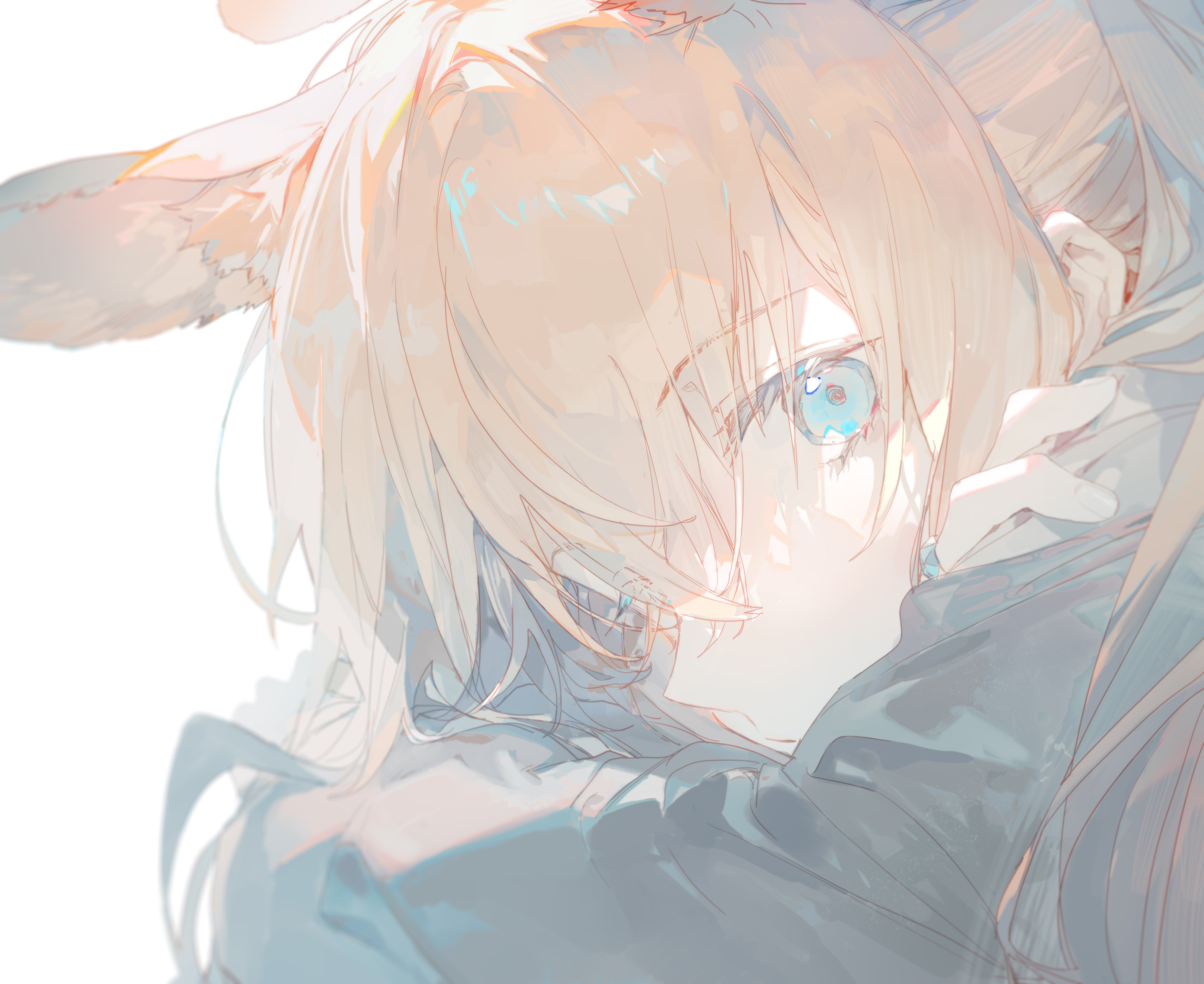 the image is an animestyle illustration of a lighthaired girl with rabbit ears and blue eyes. the artwork is a closeup portrait with a soft, dreamy aesthetic.