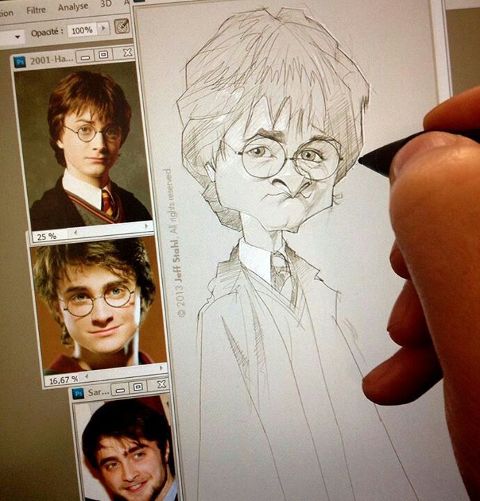 the image shows a digital drawing of harry potter being created on a computer. on the left side of the screen, there are three reference images of daniel radcliffe, who played harry potter in the movies. on the right side, a digital pen is drawing a caricature of harry potter, with exaggerated features and a whimsical style. the software used is likely adobe photoshop, as indicated by the user interface visible on the screen. the image is copyrighted by jeff stahl in 2013.