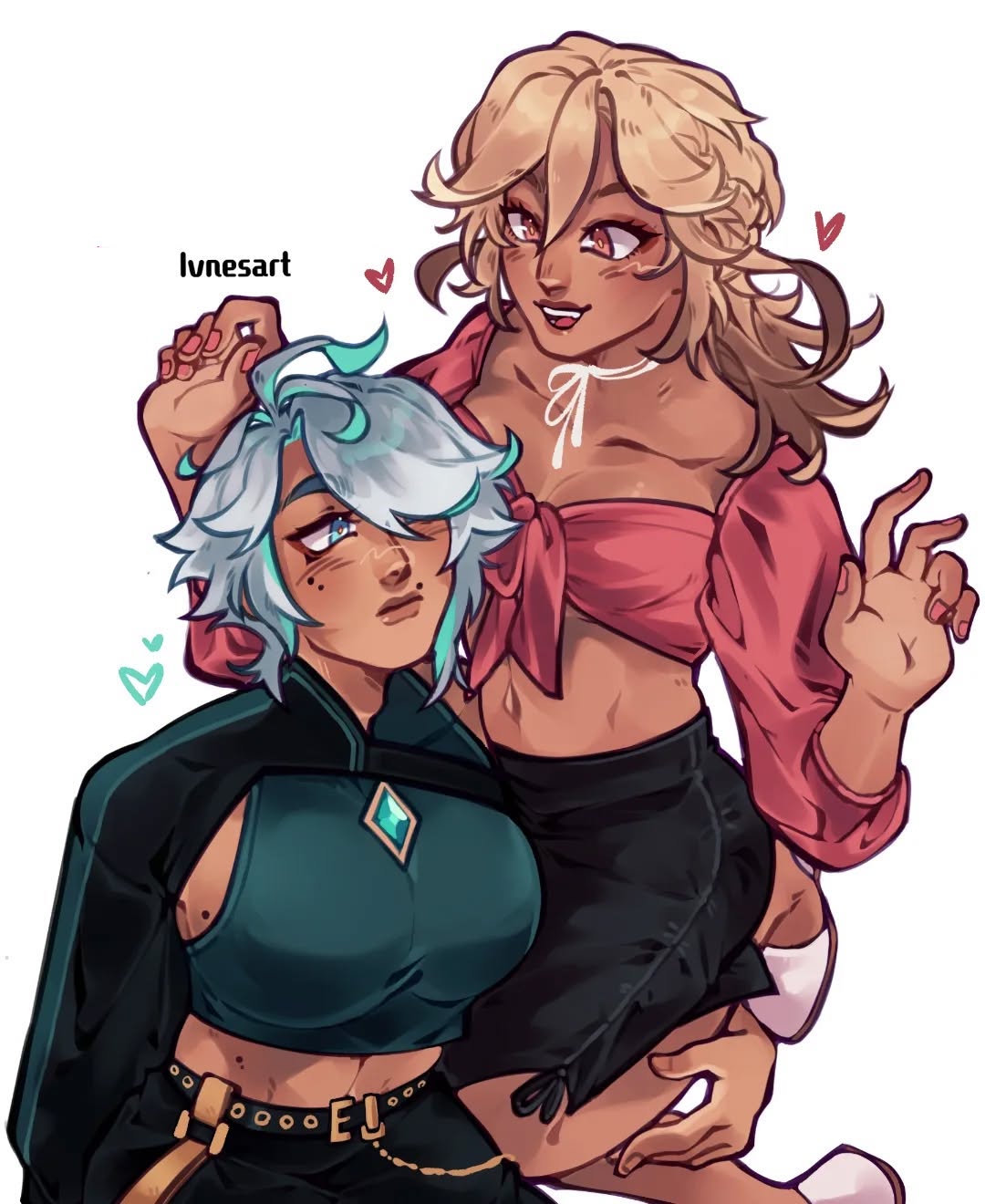 the image is a digital drawing or painting in an anime/manga style. it depicts two young women, one with blonde hair and a pink crop top and black skirt, and the other with short, teal hair wearing a teal top and black pants. the blonde woman is affectionately holding the tealhaired woman close, and both are smiling.  the overall style is vibrant and slightly suggestive of a romantic or close platonic relationship.  the artwork is clean and wellexecuted, showing attention to detail in the characters' expressions, clothing, and body language.  the artist's signature, "lvnesart," is visible.  small hearts are scattered around the characters, further emphasizing the affection between them.
