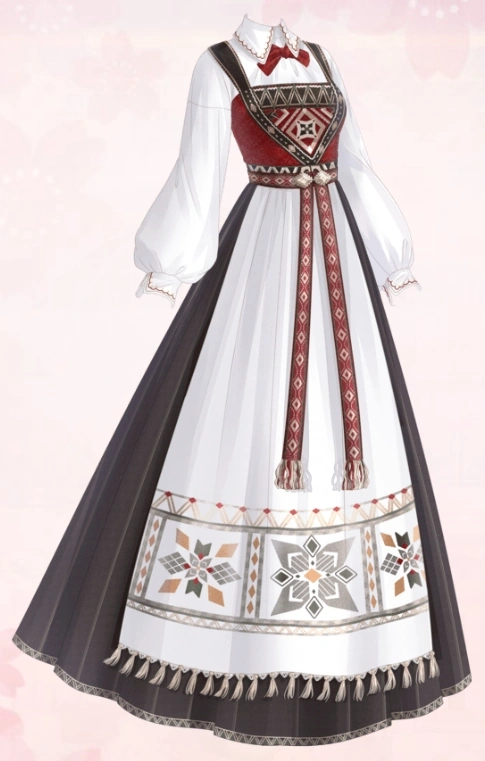 a digital illustration of a traditional scandinavian folk dress. the dress features a white skirt with embroidered borders, a red bodice with intricate patterns, and a white blouse with puffed sleeves.  the image showcases the intricate details of the dress and its traditional aesthetic.