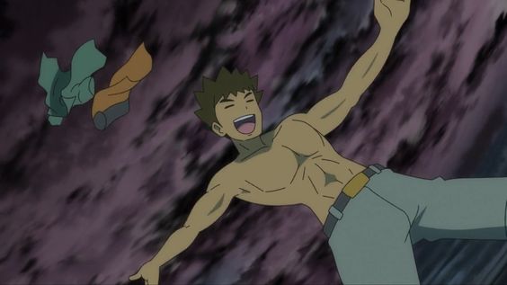 an anime boy with brown hair is flying upside down through the air with a big smile on his face. he is shirtless and wearing blue pants.  he is happy and laughing. his clothes are flying off of him. the background is a blur of purple and gray.
