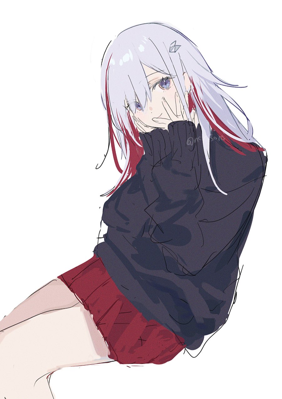 an anime girl with long white hair and red streaks is wearing a black sweater and red skirt. she is making a hand gesture near her face. the style is casual and slightly sketchy.