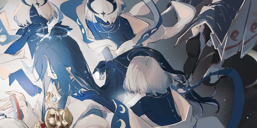 the image is a beautiful and intricate anime artwork that features several characters in a fantastical and magical setting. the characters are all dressed in blue and white clothing with crescent moon symbols and their attire has a flowing, ethereal quality that emphasizes their mystical nature. the artwork is full of light and energy, with a bright glow coming from the characters' hands. the background is a dark and starry space, giving the image a dreamy and ethereal feel. the artwork is full of detail, with intricate patterns and designs throughout.