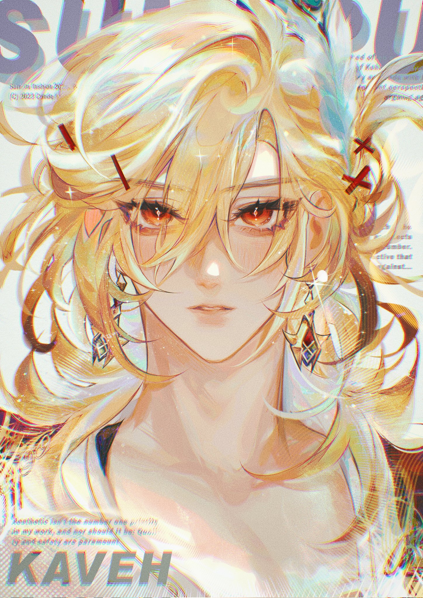 the image is a vibrant and stylish digital fanart of kaveh from genshin impact.  the artwork features a closeup portrait of kaveh, showcasing his detailed blonde hair, striking orange eyes, and elegant earrings. the art style is animeinspired, with a focus on smooth lines, soft shading, and glossy textures that create a shimmering effect. the background includes text elements suggestive of a magazine cover or promotional material, adding to the overall polished and artistic feel.  the color palette is warm and inviting, using shades of gold, orange, and peach. the overall impression is one of beauty, elegance, and attention to detail.