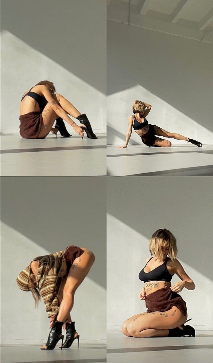 the image is a collage of four photos showing a young woman in various poses in a minimalist white studio setting. the photos are lit with natural sunlight creating dramatic shadows.  she's wearing different outfits including a brown short skirt and black top in some photos and a brown knitted sweater and boots in another. the woman is striking various poses, sitting, kneeling, and bending, showcasing her figure and tattoos.  the overall style is fashionable and artistic.