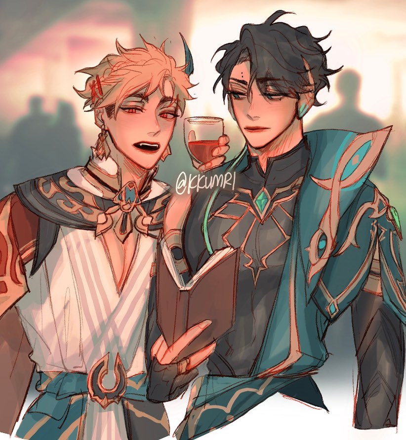 the image is a digital fanart depicting two male characters, seemingly inspired by the style of genshin impact.  one character has blond, slightly spiky hair and is wearing a light colored robe adorned with gold and teal detailing, reminiscent of a traditional asian garment. he appears to have small, hornlike features on his head.  the other character has dark hair styled neatly and is wearing a more formfitting teal and dark outfit with intricate, ornate golden designs. he is holding a book. both characters are positioned close together, with one holding a glass of red wine. the background is softly blurred, suggesting an indoor setting. the overall style is soft, romantic, and detailed, capturing the characters' expressions and clothing with a blend of realism and anime aesthetics.  the characters' expressions suggest closeness or an intimate moment.