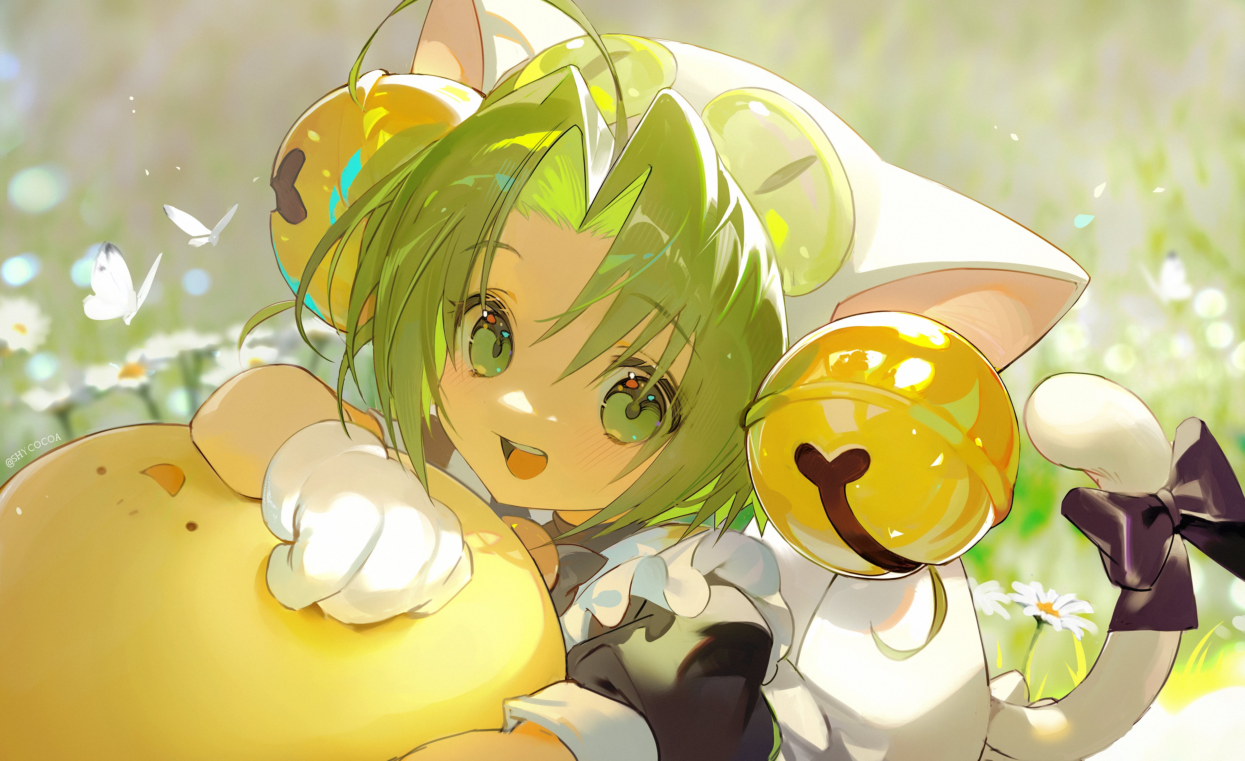 the illustration features a cheerful anime girl with green hair styled to resemble cat ears and adorned with golden bells. she wears a white and black dress, hinting at a maid outfit. with sparkling, bright green eyes, she holds a large, round, yellow object, potentially a plush toy or cushion, in her arms. the background showcases a field of white flowers bathed in warm sunlight, creating a soft and inviting atmosphere. butterflies flutter gracefully near the girl, adding to the idyllic scene.