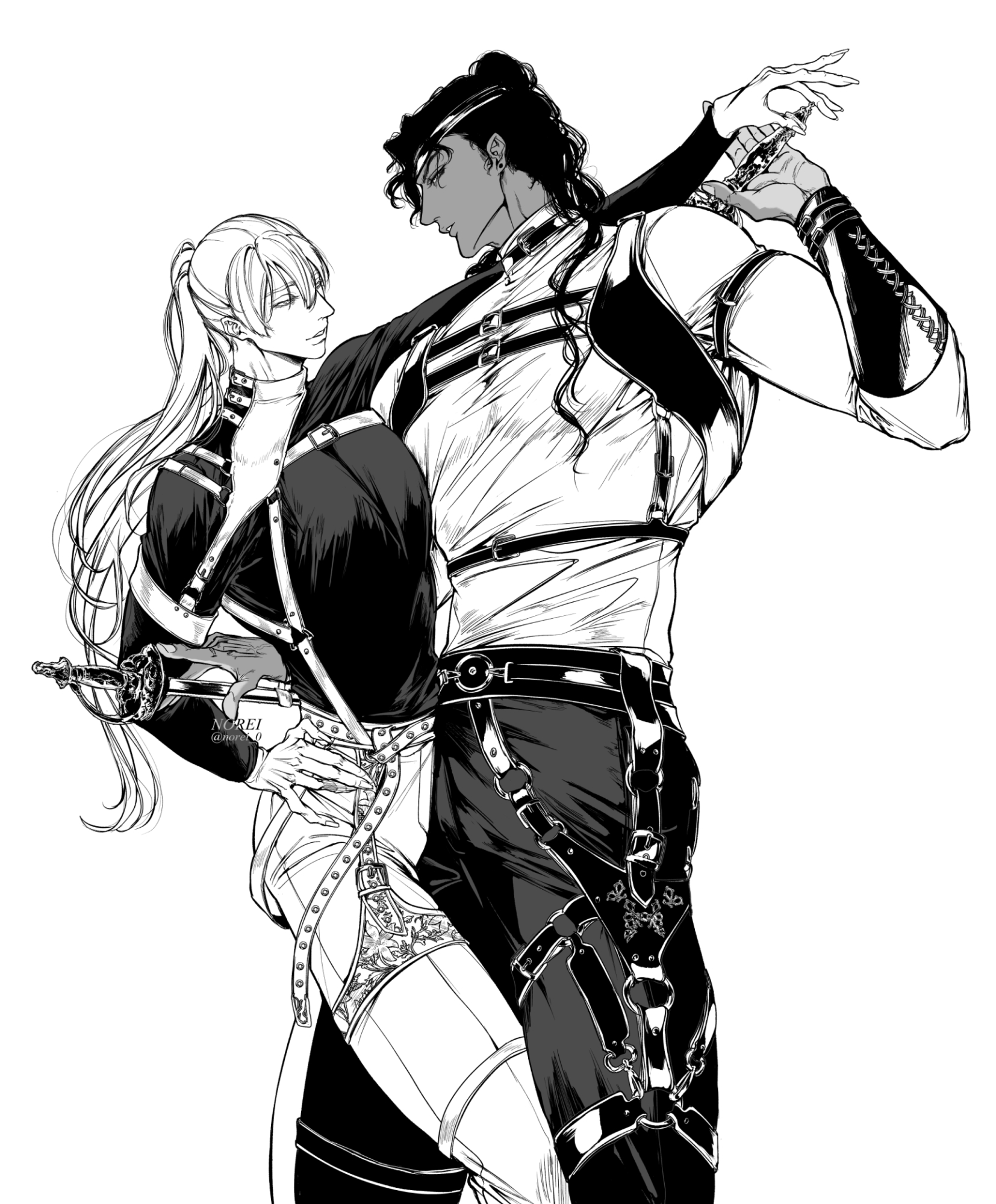 the image is a detailed black and white mangastyle illustration depicting a passionate embrace between a man and a woman.  the man, with dark hair tied back, is powerfully built and wears elaborate leather straps and harnesses. he holds a sword, partially obscured by the woman's arm.  the woman has long blonde hair and is dressed in similarly styled clothing, with detailed embellishments on her garments.  the style is dark and dramatic, emphasizing the intensity of their interaction. the level of detail in the clothing and the characters' features is remarkable.  the overall atmosphere is one of romantic intensity, with a hint of dominance.