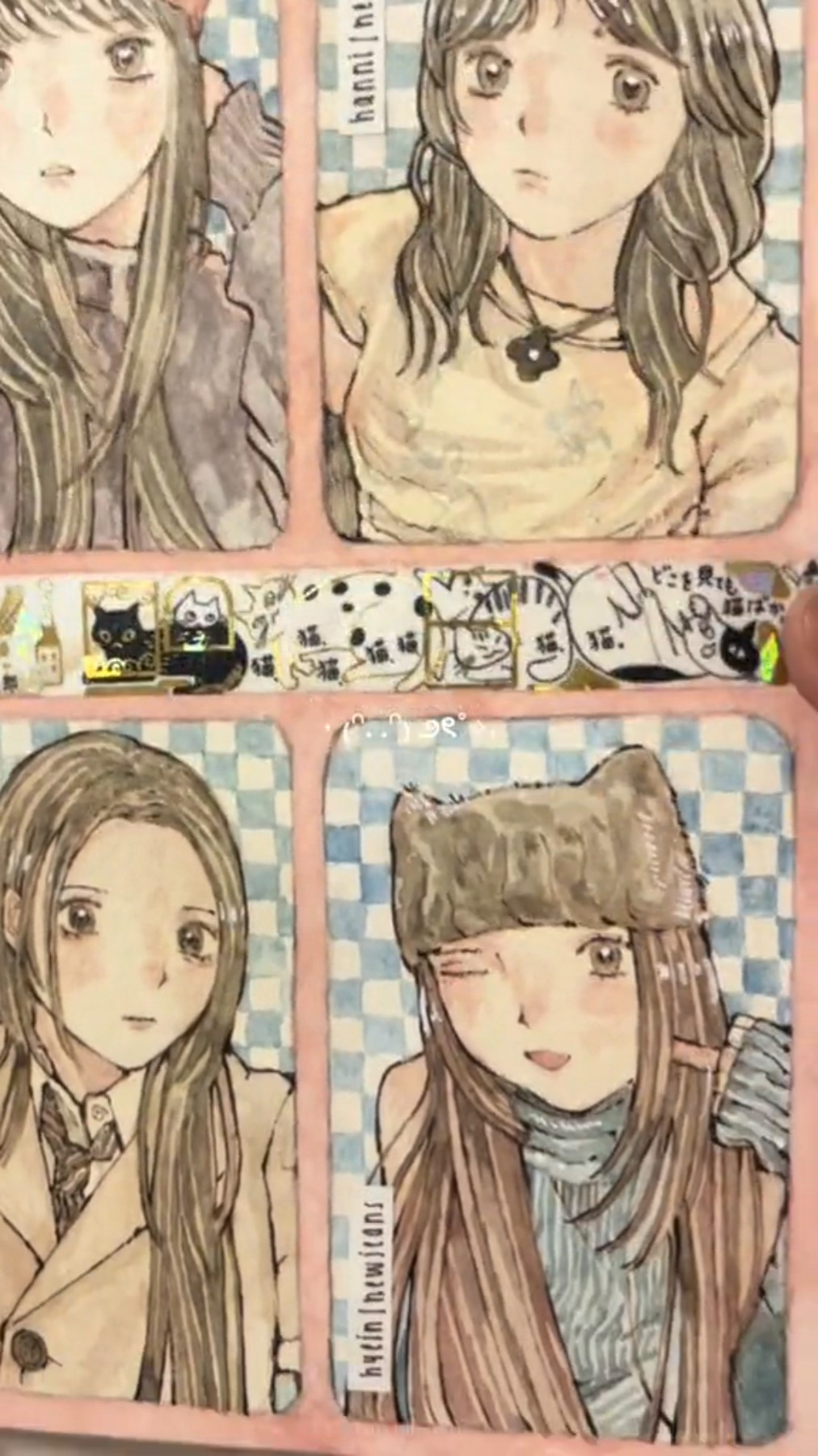 four panels showing different anime girls drawn in a watercolor style. each panel is different and shows the girls in different poses and outfits. the girls all have long brown hair. the panels are on a pink background with checkered blue and white squares.