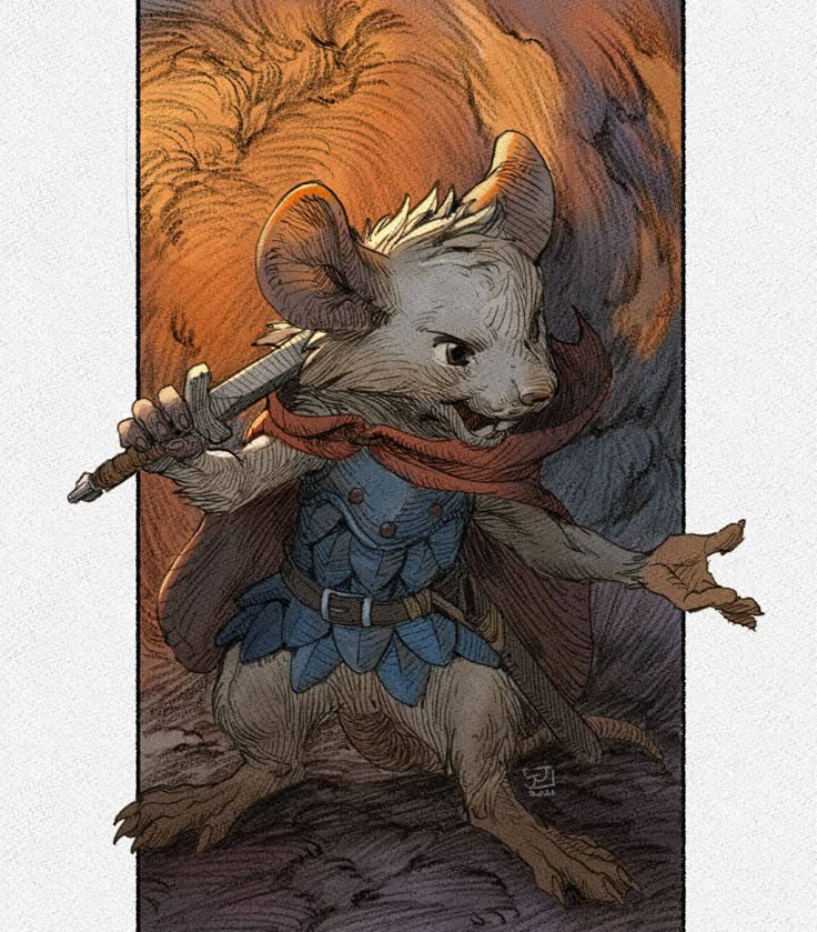 the image shows an anthropomorphic mouse warrior standing in a defensive pose. the mouse is dressed in blue scale armor, a red cape, and a brown belt. it holds a small sword in its left hand and has its right hand outstretched. the background is a blend of warm and cool tones, possibly representing a cave or forest setting. the style is reminiscent of a fantasy illustration, with detailed crosshatching and shading.