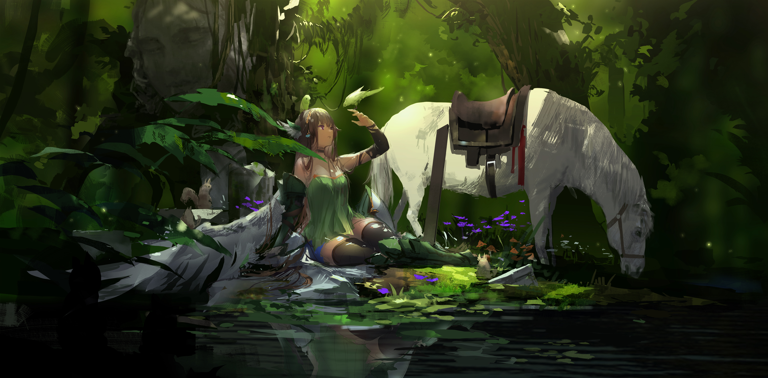 an animestyle illustration depicts a young woman with long brown hair and green clothing sitting near a white horse in a lush, mystical forest. she holds a small bird in her hand. the scene is serene and peaceful, with soft sunlight filtering through the trees, creating a magical atmosphere. the water reflects the surrounding scenery, adding to the dreamlike quality of the image. the overall style is painterly and evocative.