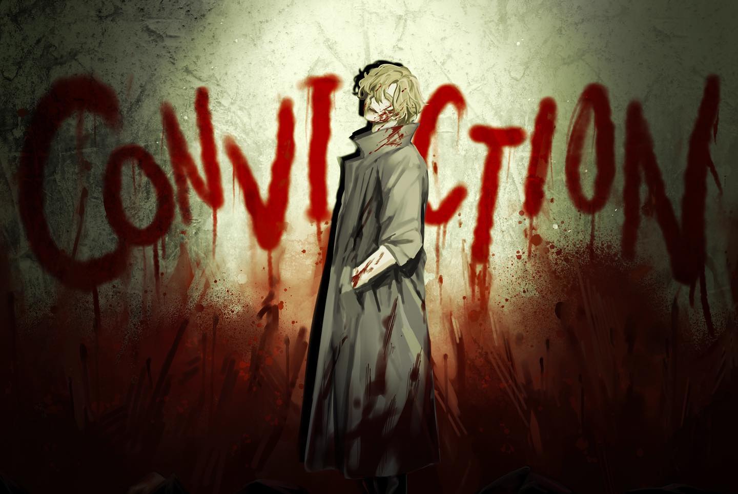 a digital illustration of a man standing in front of a wall with the word "conviction" written on it in blood. the man is covered in blood and is looking down at the ground. the background is dark and bloody, creating a sense of unease and horror.