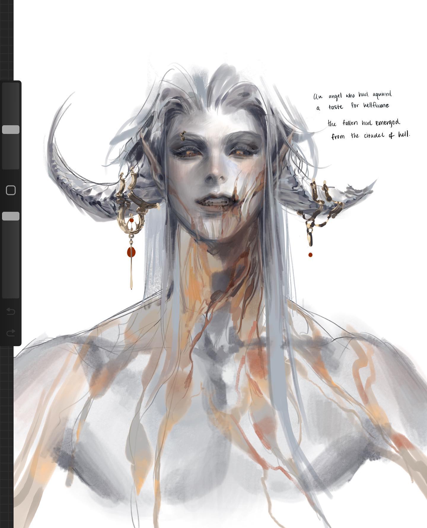 this is a digital drawing of a male character with long white hair and horns. the character has a ethereal look to them with muted colors and a gaunt face.`