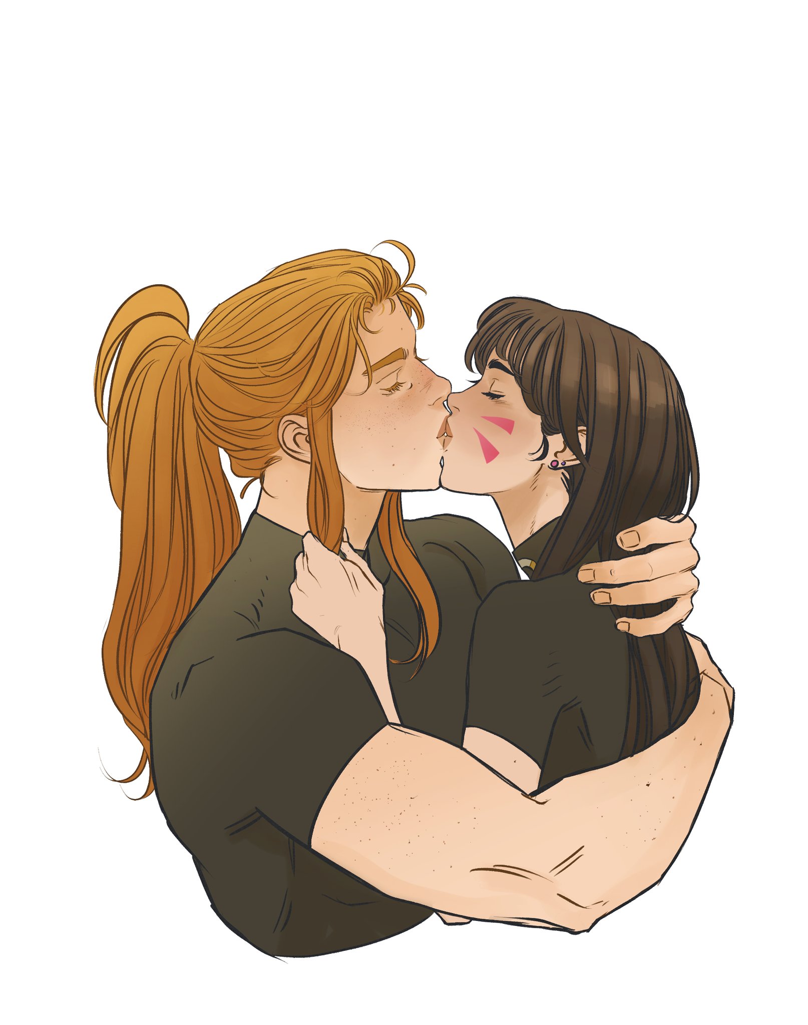 a cartoon illustration of two women kissing. the woman on the left has auburn hair in a high ponytail. she has freckles and is wearing a black tshirt. the woman on the right has straight, dark brown hair. she has a pink teardrop tattoo on her left cheek. she is also wearing a black tshirt. the woman on the left is holding the woman on the right in a hug.