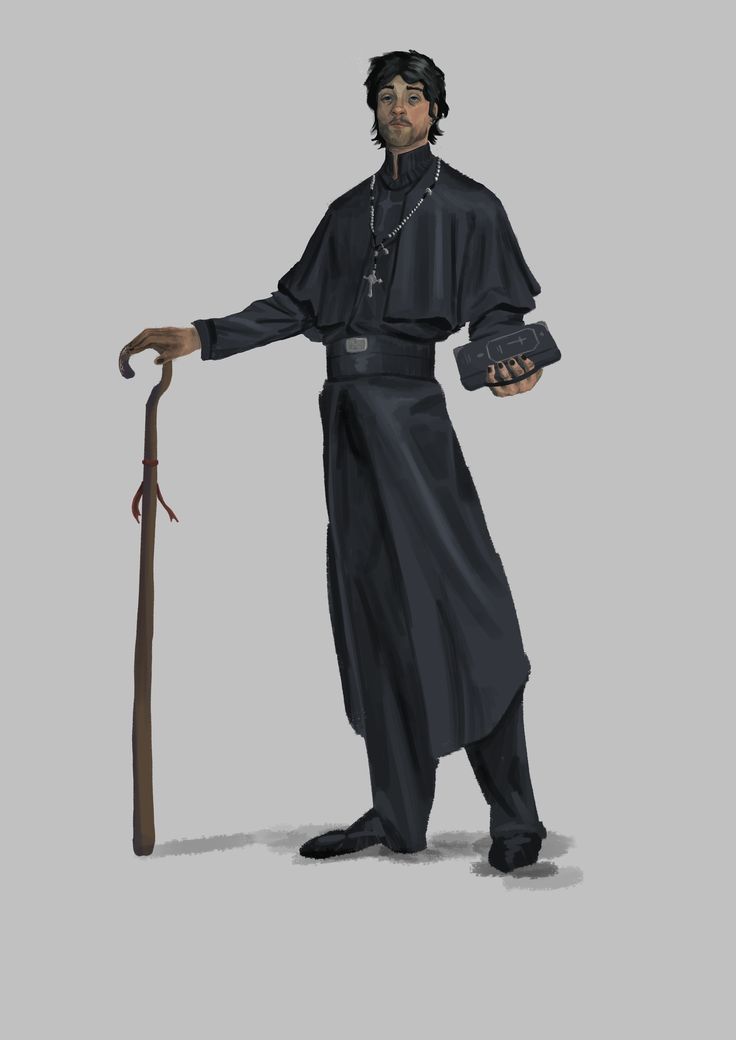 the digital painting depicts a male priest or cleric. he's dressed in a long, darkcolored cassock, a traditional religious garment. he carries a walking stick and holds a book, possibly a bible. his expression is serious and somewhat somber. the overall style leans towards gothic, with the dark colors and the priest's attire contributing to the mood. the background is a simple, light gray, focusing attention on the figure.  the detail in the clothing and the character's pose suggests a deliberate artistic choice.