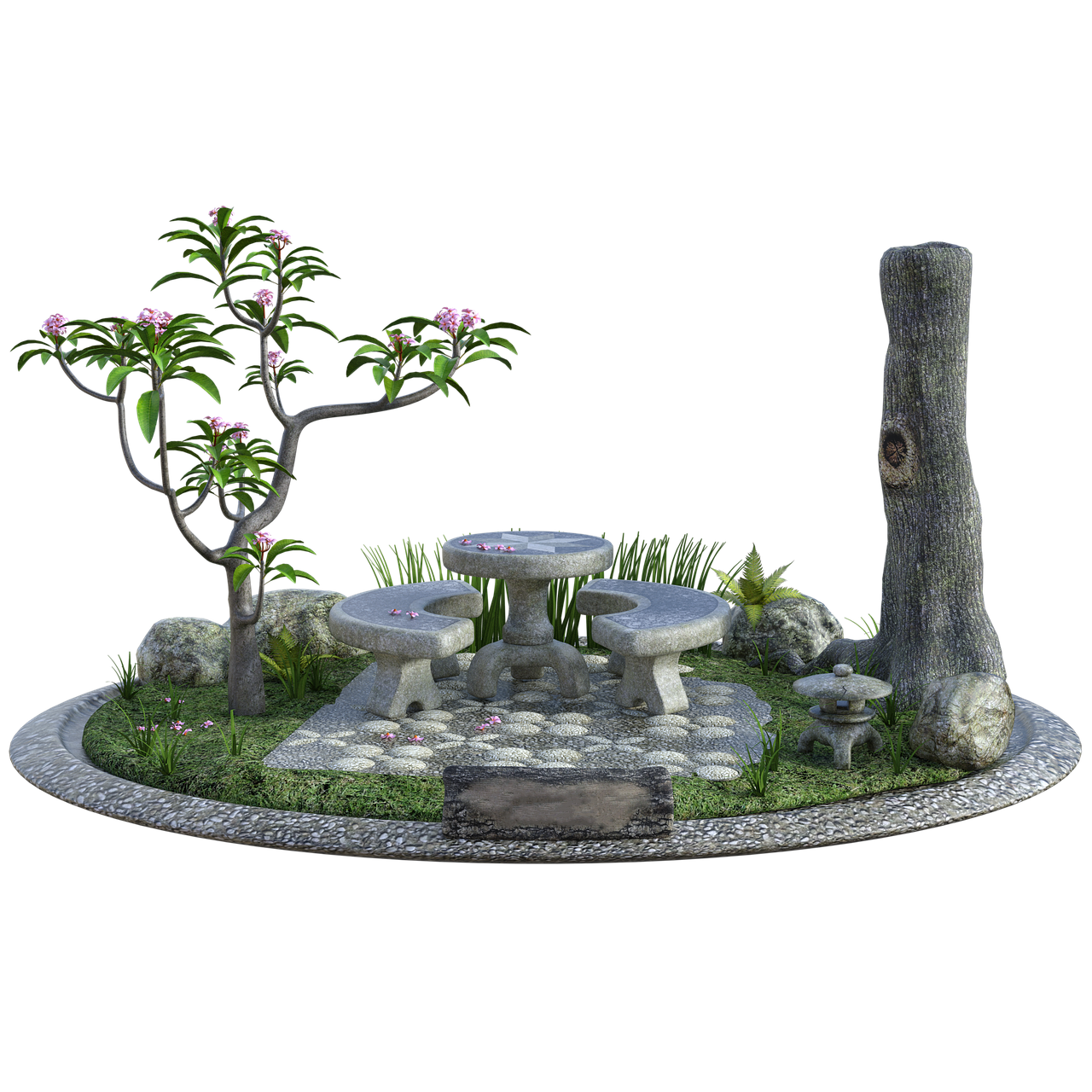the image shows a zen garden with a stone table and benches, a tree with pink flowers, a stone lantern, and a dead tree trunk on a pebble platform against a black background.